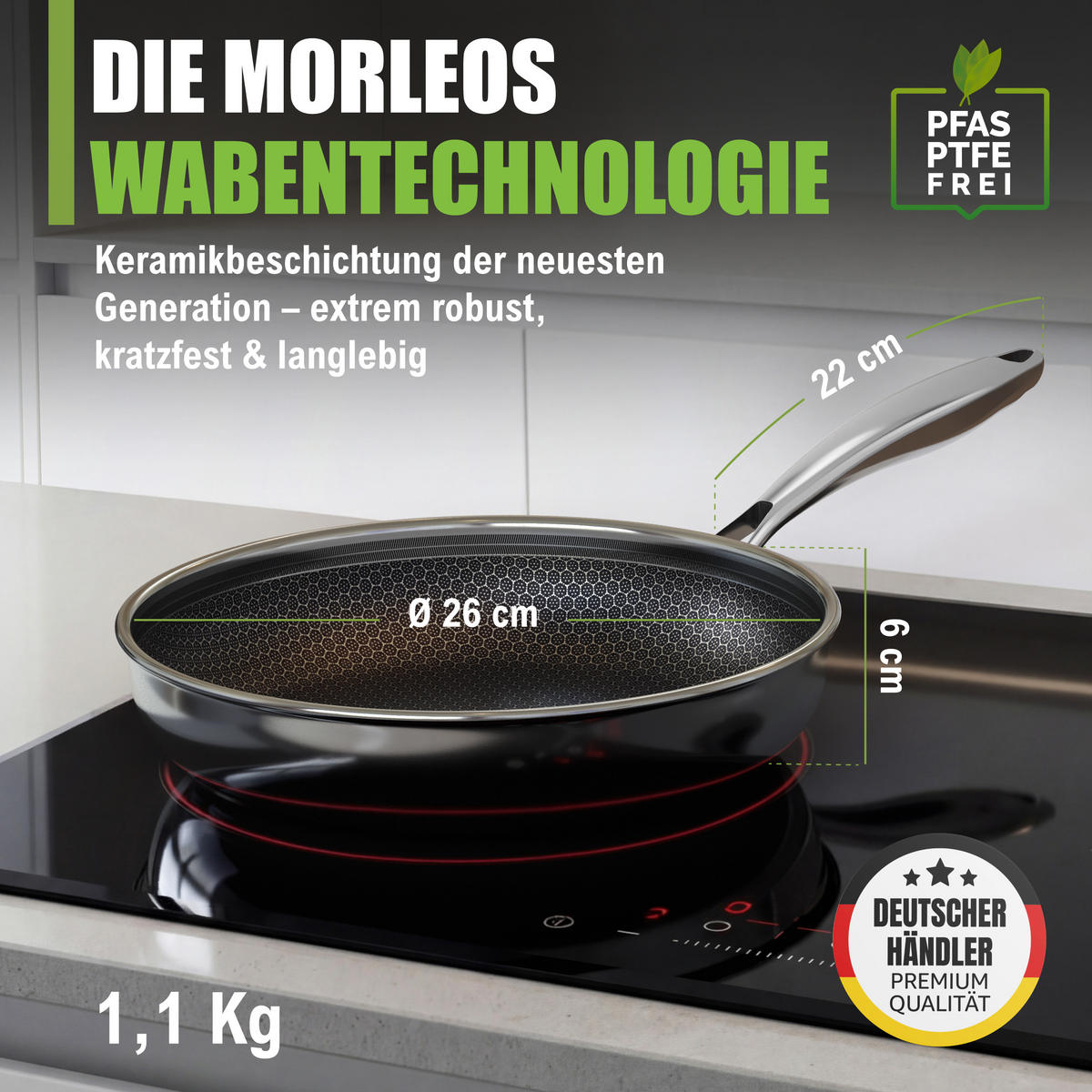 MORLEOS Keramikbratpfanne Wabenstruktur Antihaft Ø26 cm - Silberfarben, Metall (26cm) - Muvell