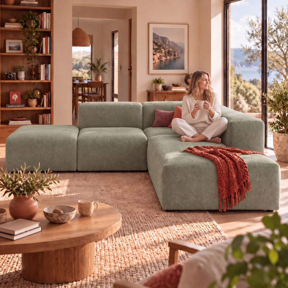 4-SITZER modulares Ecksofa HEAVEN SET 3 Rechts, Breite 270 cm Webstoff Grün - Schwarz/Grün, Holz/Kunststoff (270/245cm) - Muffo