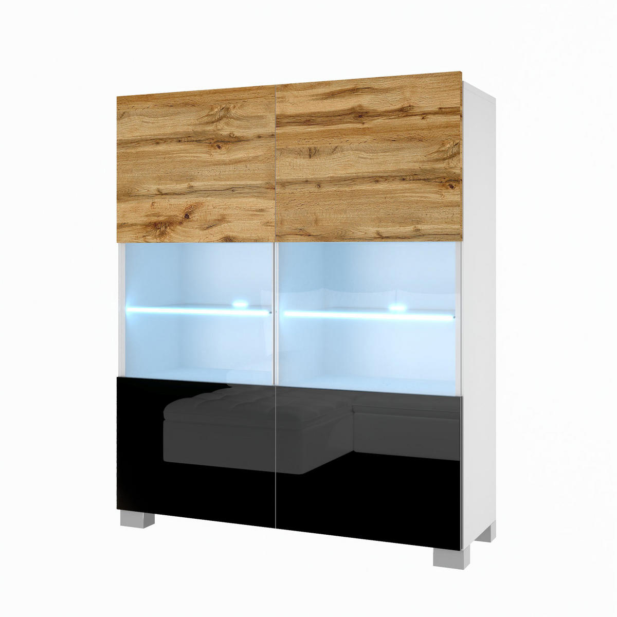 VITRINE Hochschrank mit LED-Leuchten, Wotan Eiche/Schwarz - Eiche Wotan/Schwarz, Holz (100/115/36cm) - B BELINI GROUP