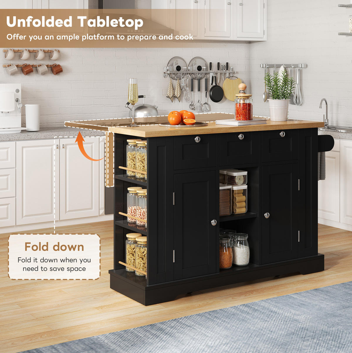 KÜCHENINSEL 132/87/40(70) cm Natur/Schwarz aus MDF mit klappbarer Arbeitsplatte - Schwarz, Holzwerkstoff (70/87/132cm) - OKMYHOME