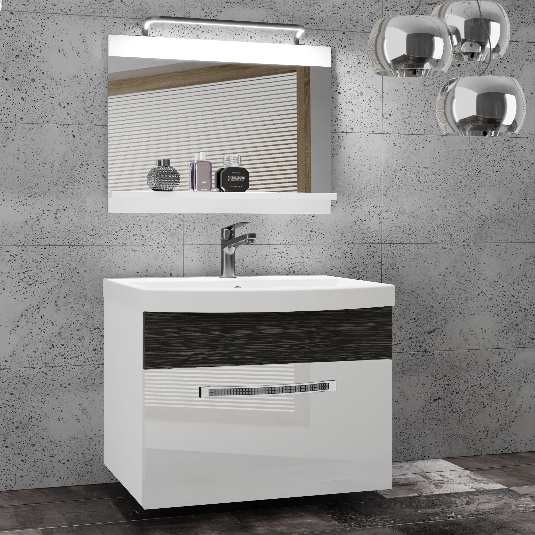 BADMÖBEL Badezimmer Weiß / Heban Royal, Glänzend und Matt - Weiß Hochglanz/Schwarz, Holz (60/51/40cm) - B BELINI GROUP