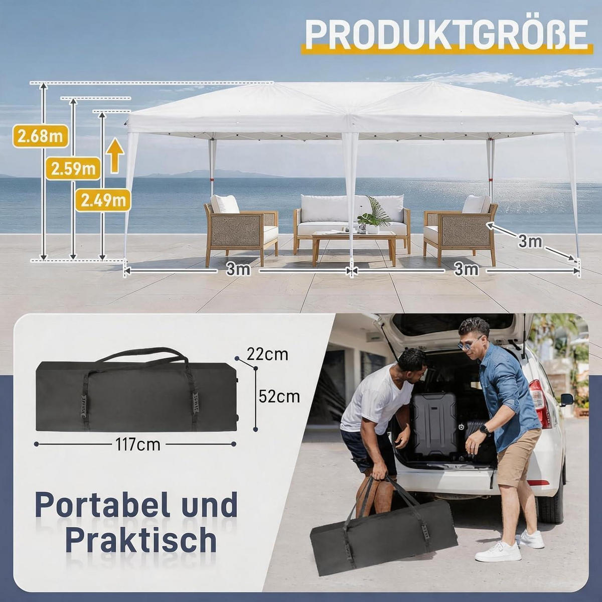 FALTPAVILLON 3x6 m mit 6 Seitenteilen Weiß - Weiß, Metall (300/268/600cm)