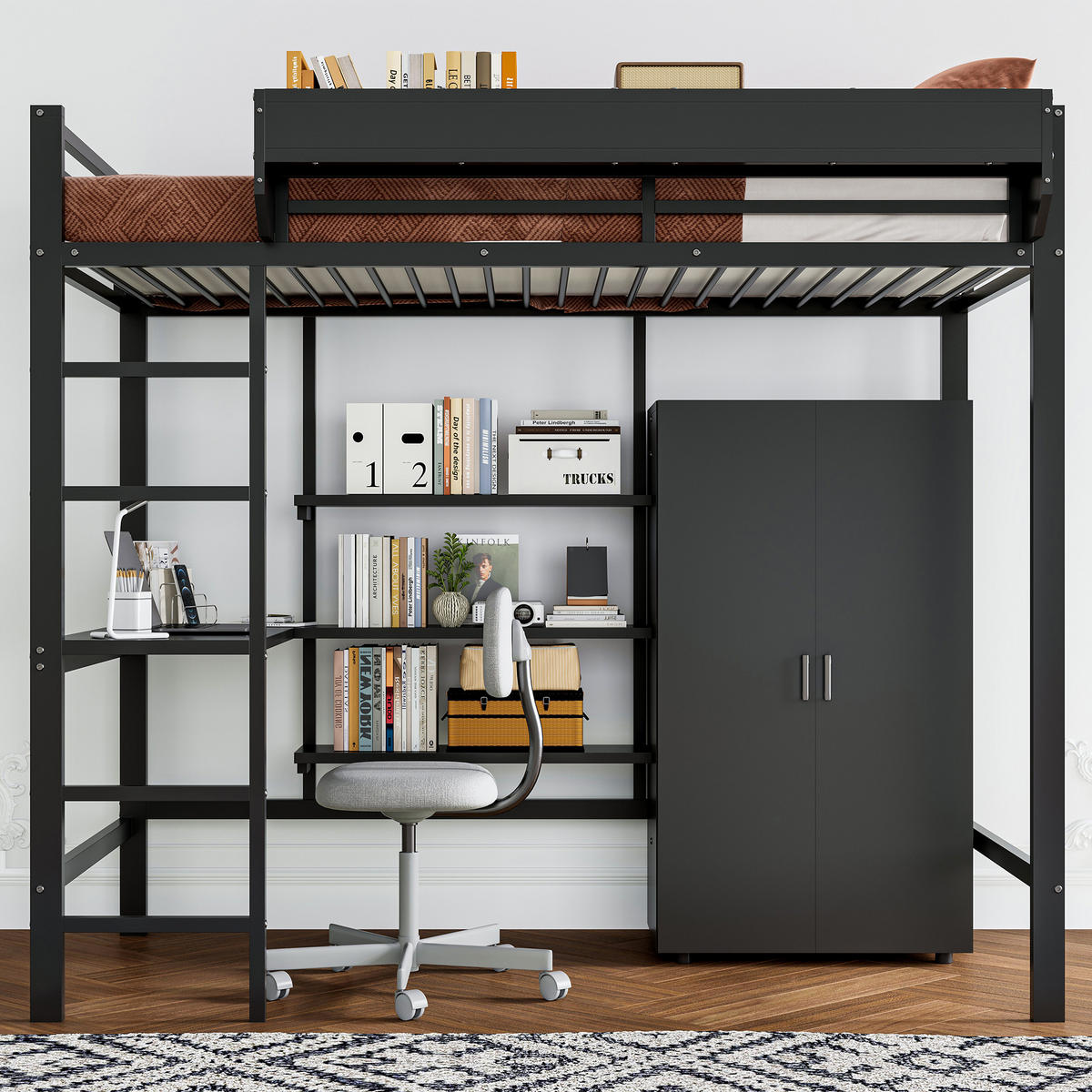 ETAGENBETT 90/200 cm in Schwarz mit Tisch, Kleiderschrank und Regal - Schwarz, Holzwerkstoff/Metall (90/200cm) - CHICFURN
