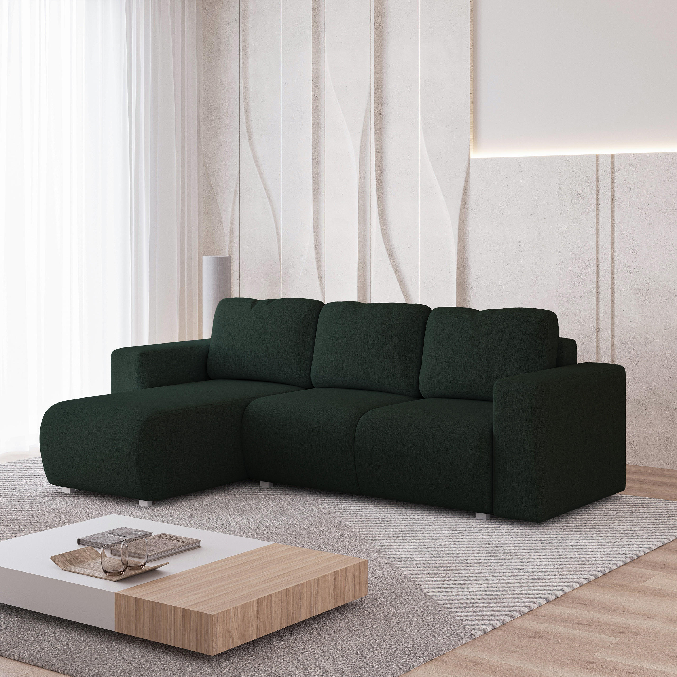 ECKSOFA RINOVA Grün Geflochtener Stoff mit Schlaffunktion - Grün, Holz (250/143cm) - MASSENO