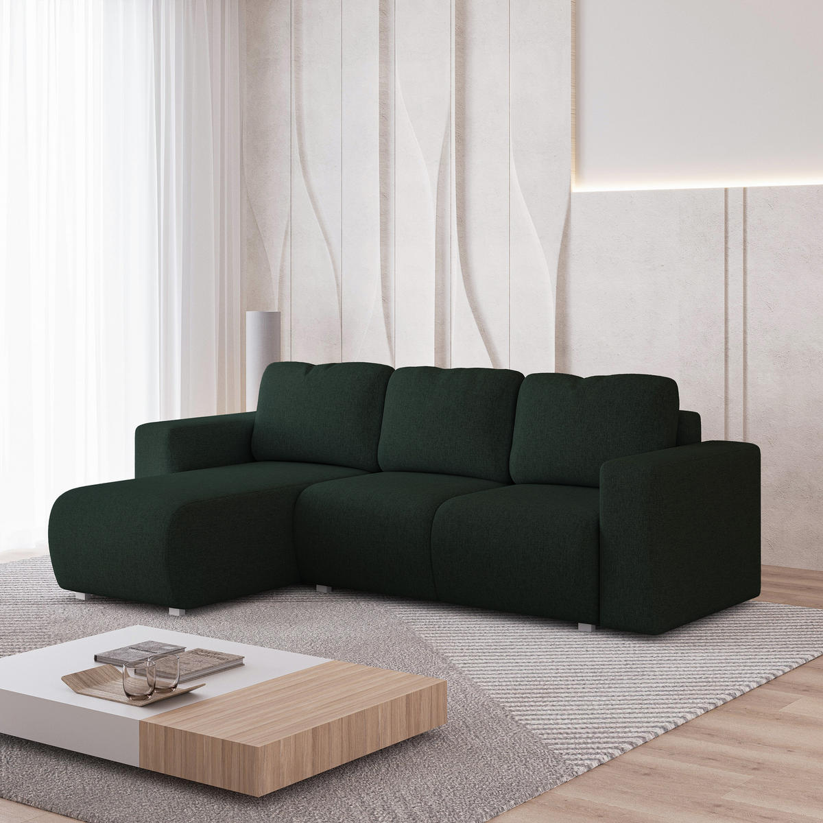 ECKSOFA RINOVA Grün Geflochtener Stoff mit Schlaffunktion - Grün, Holz (250/143cm) - MASSENO