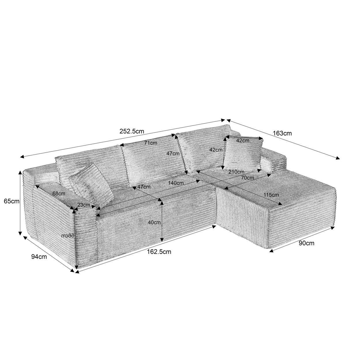 ECKSOFA Cord Dunkelgrau mit Kissen - Dunkelgrau, Textil (252.5/163cm) - WISHDOR