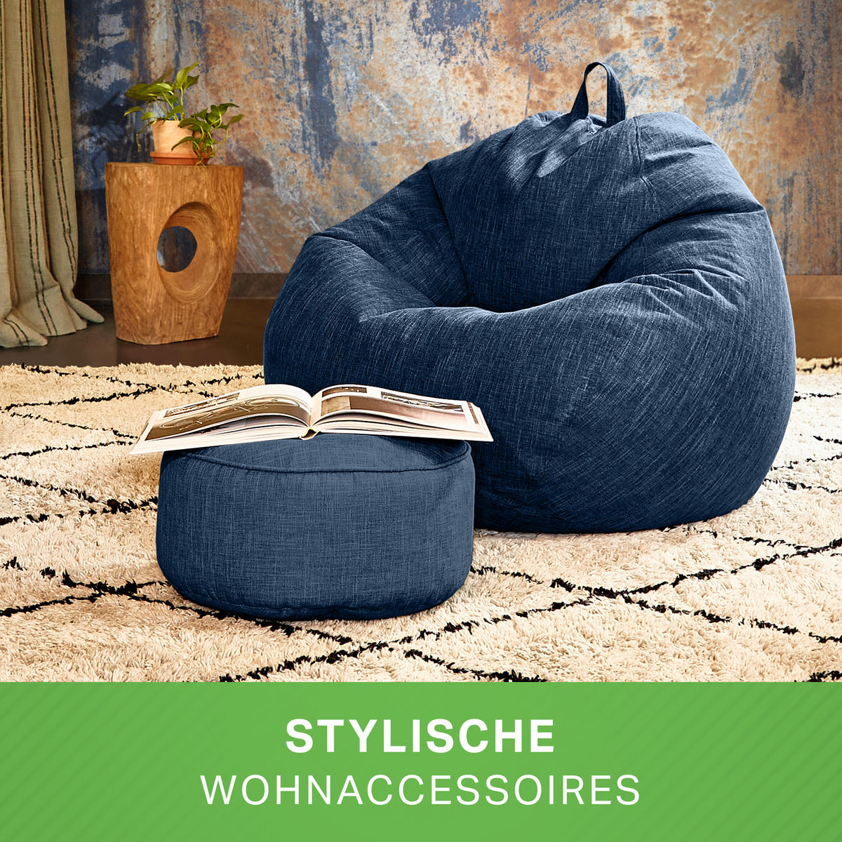 XXL-SITZSACK Indoor "Home Linen“+Hocker - Dunkelblau, Textil (100/120/50cm) - Green Bean