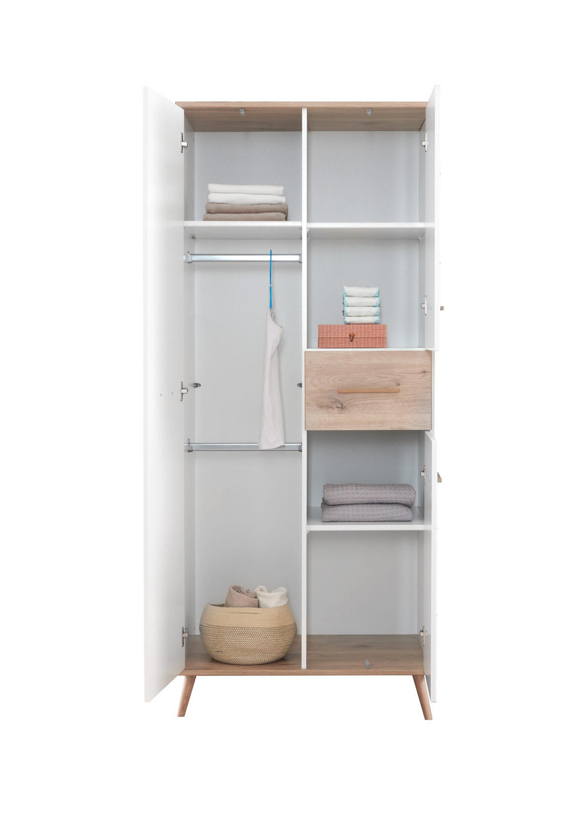 KLEIDERSCHRANK Fehmarn in Weiß und Viking Oak - Drehtürenschrank 3 türig - Weiß, Holzwerkstoff (84/202/58cm)