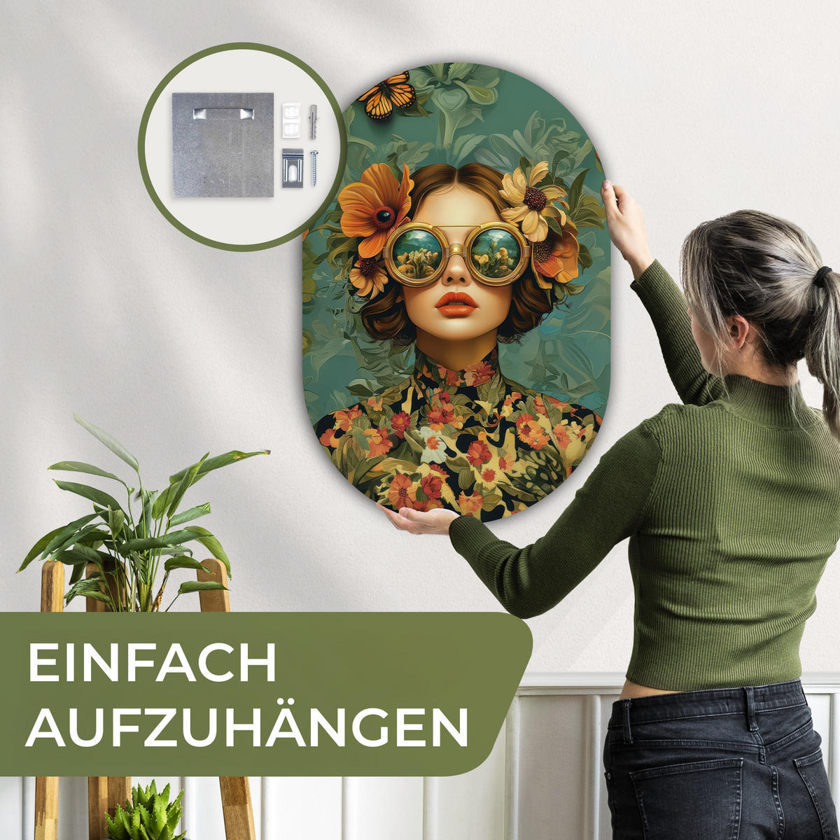 WANDBILD Frau - Blumen - Schmetterlinge - Natur - Vintage 60x90 cm - Petrol, Kunststoff (60/90cm) - MuchoWow