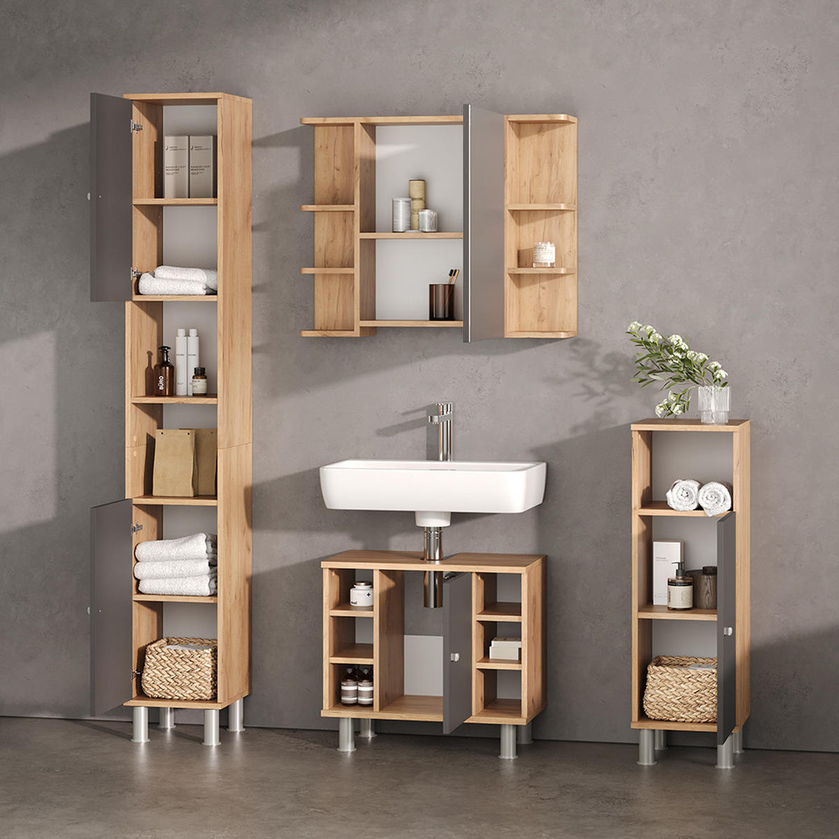 BADMÖBEL-SET Fucino Eiche 4 Teile - Eichefarben/Anthrazit, Holzwerkstoff (79/64/21cm) - Livinity®