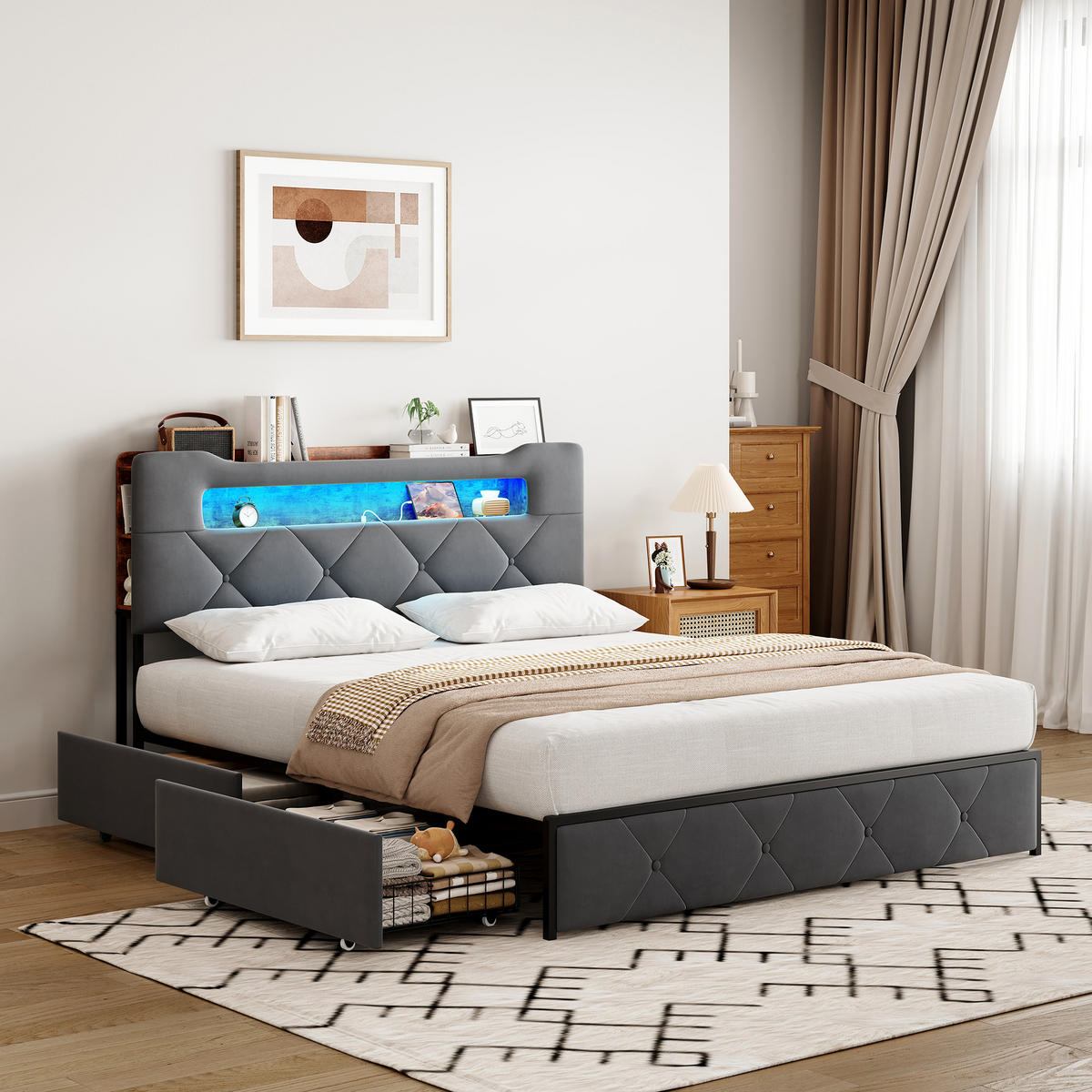 POLSTERBETT 160x200cm grau Samt, Schubladen, RGB-Licht, USB-Anschluss - Grau, Holz