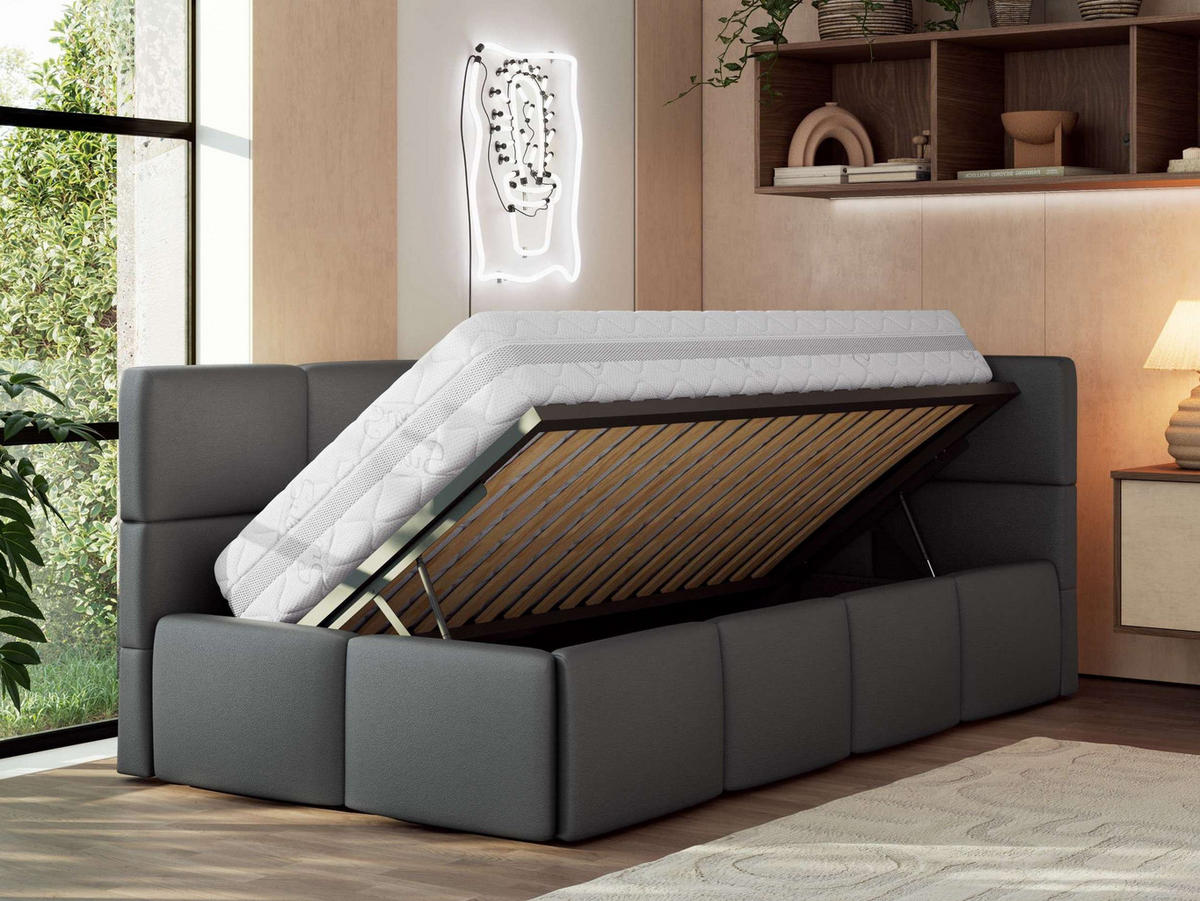 JUGENDBETT ARVO 90/200 - Grau Kunstleder - ohne Matratze - Rechts Seite - Grau, Textil (200/90cm) - MKS