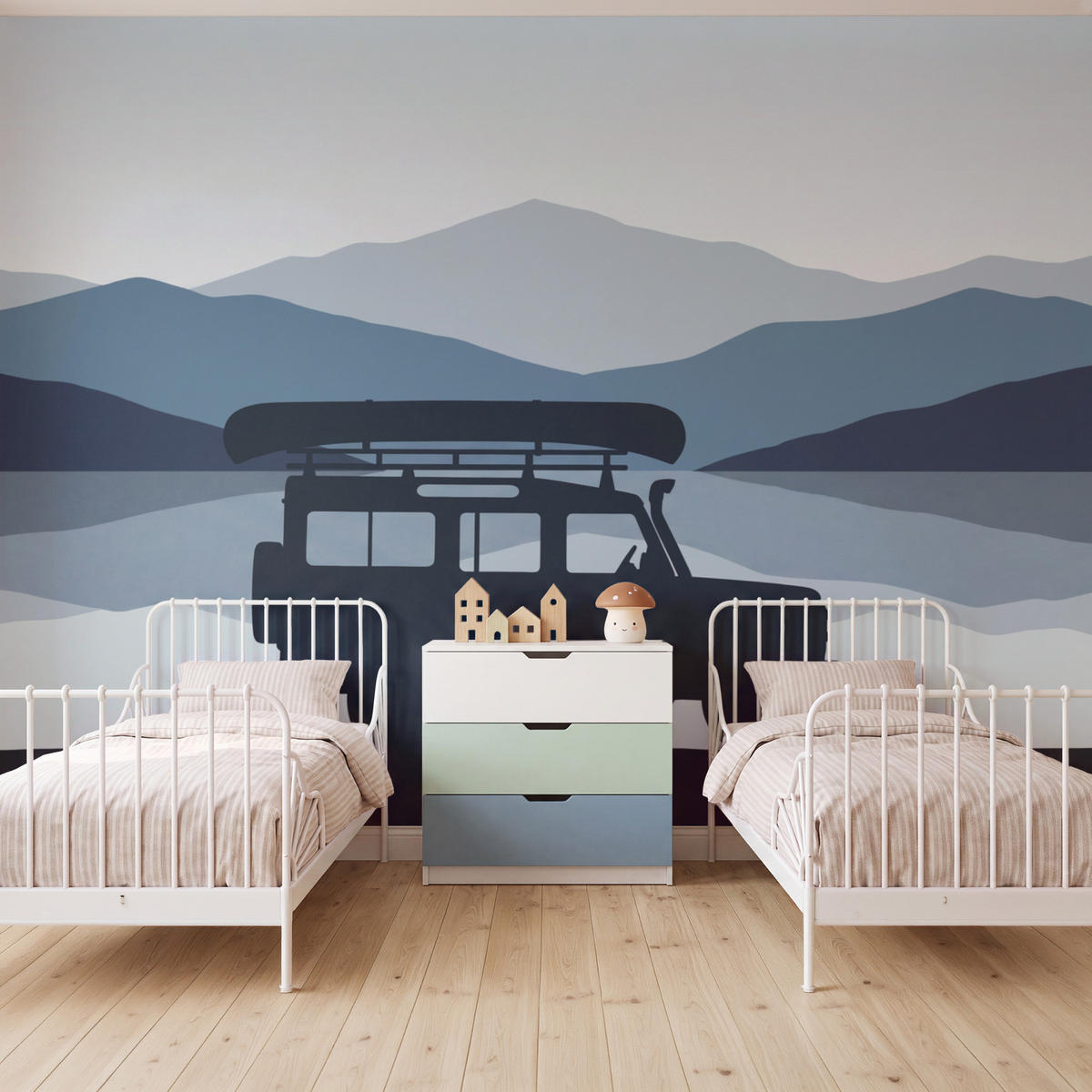 KINDERTAPETE - Auto - See - Berge - Blau - 400x300 cm - Blaugrau, Papier (400/300cm) - OnlyWow
