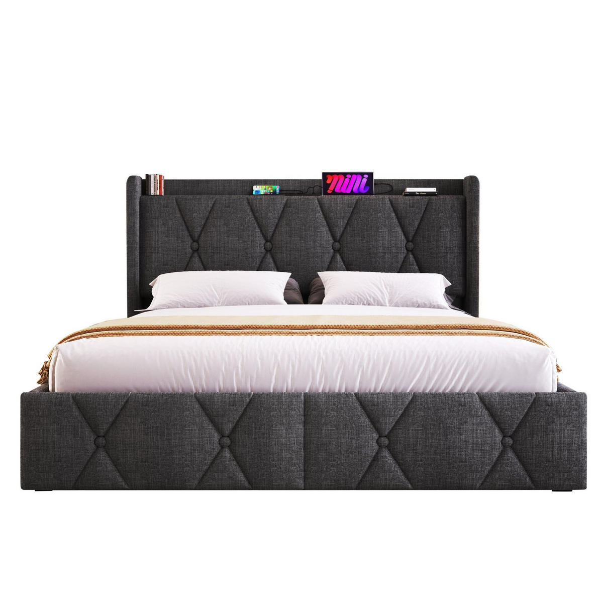 POLSTERBETT 140/200 cm mit 4 Schubladen und USB/Steckdosen, Grau - Grau, Textil (140/200cm) - BEAOK