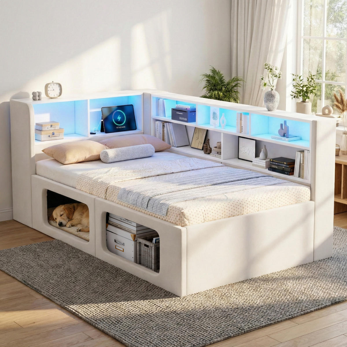 POLSTERBETT aus Samt 90x200 cm in Beige mit LED & USB/Type-C - Beige, Textil (90/200cm) - Modfu