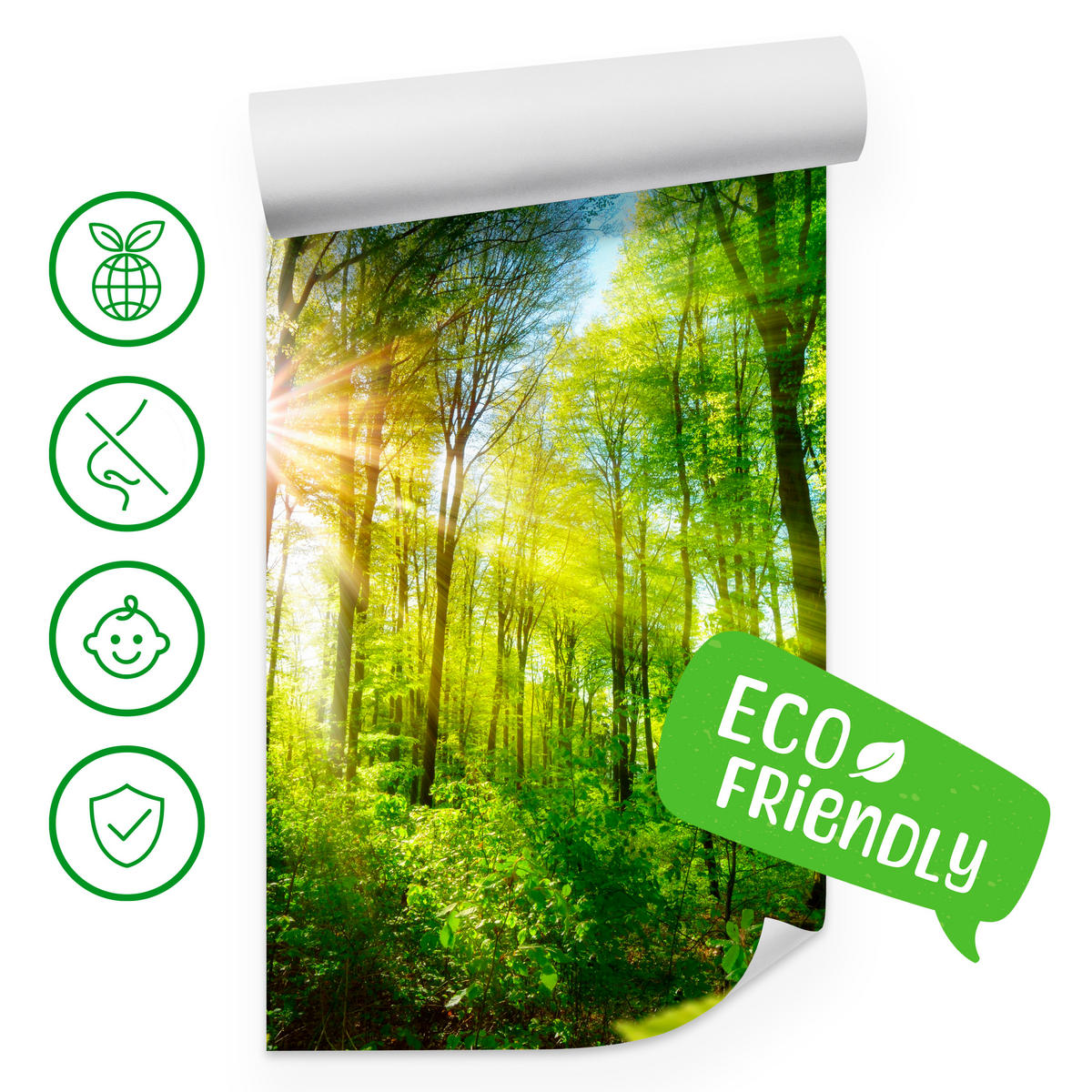 FOTOTAPETE für Wohnzimmer Sonnenaufgang zwischen Bäumen Wald 250x175 - Gelb/Grün, Papier (250/175cm) - Muralo