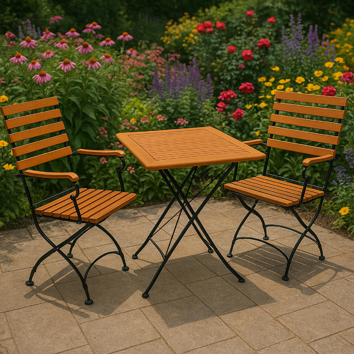 GARTENESSGRUPPE Bad Belzig - 3-teilig (2x Armlehnensessel, 1x Tisch 75cm rund), Gestell Flachstahl schwarz, Latten Eukalyptusholz, - Schwarz, Metall - TPFGarden