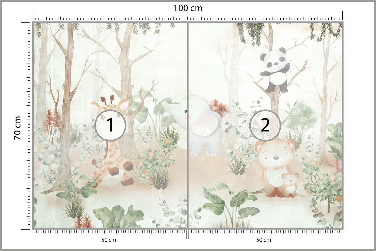 FOTOTAPETE für Kinder Tiere Wald Pflanzen 100x70 - Beige/Orange, Papier (100/70cm) - Muralo