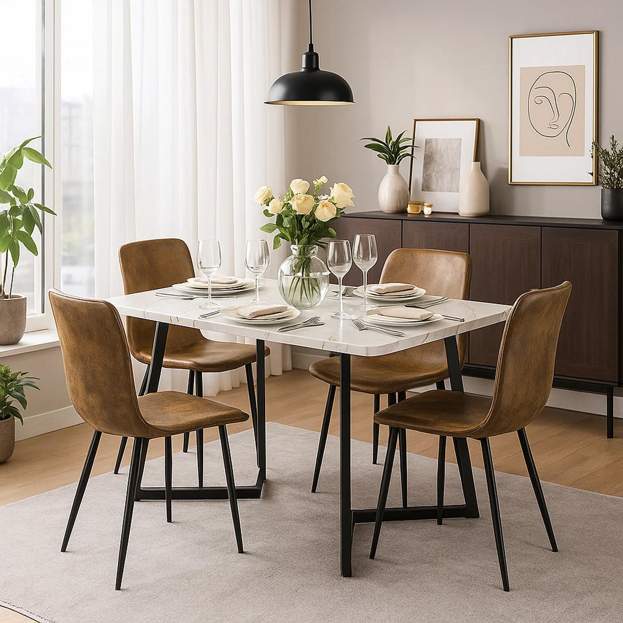 ESSTISCH SET Marmoroptik Weiß mit 4 Stühlen Wildlederoptik Braun - Braun, Holzwerkstoff (117/75/68cm) - Urban Meuble