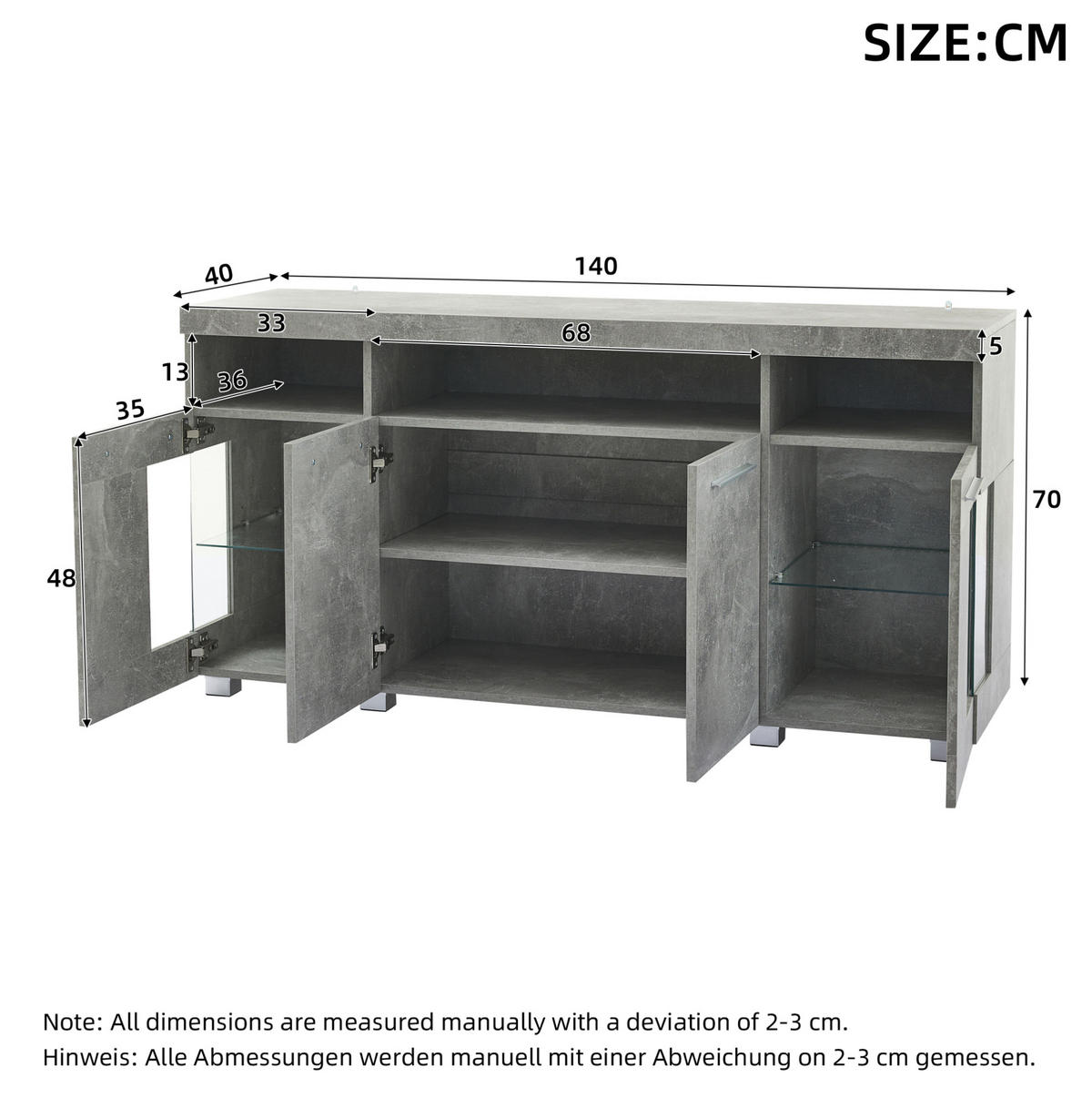 SIDEBOARD 140/40/70 cm Zementgrau aus MDF mit LED-Beleuchtung - Grau, Holzwerkstoff (40/70/140cm) - OKMYHOME