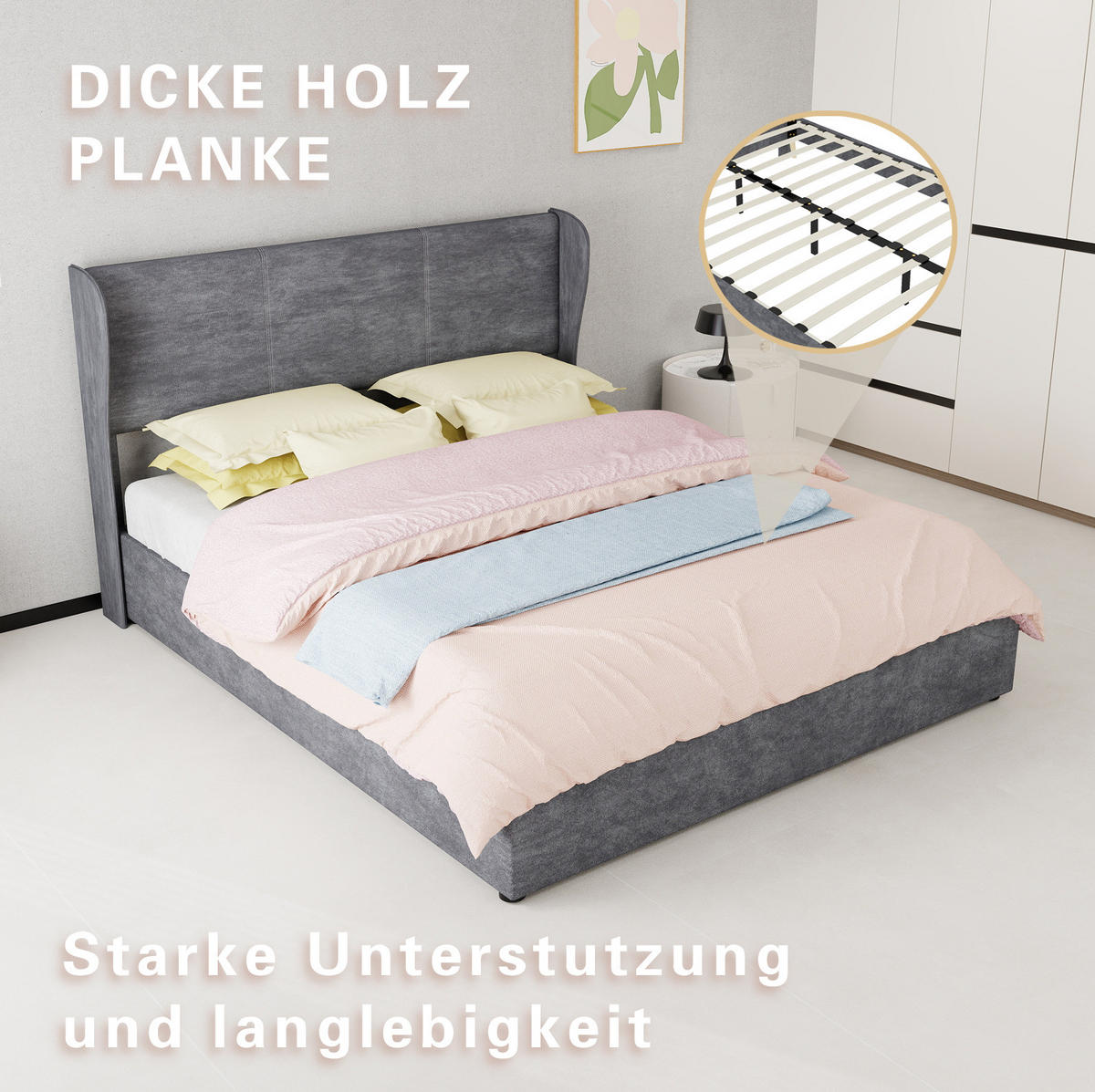 POLSTERBETT 160/200 cm mit hydraulischem Bettkasten, gepolstertem Kopfteil und Matratze, Grau - Grau, Textil (160/200cm) - Redom