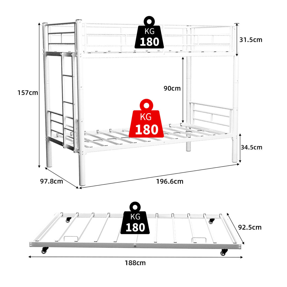 ETAGENBETT Metall Grau 90x200 cm 2-tlg. - Weiß, Metall (90/200cm) - ComfortXL