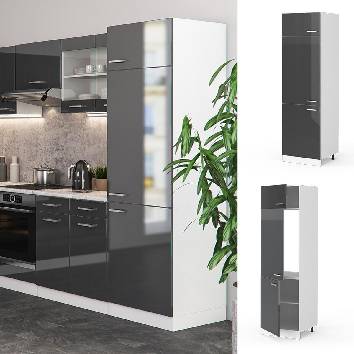 KÜHLUMBAUSCHRANK R-Line Anthrazit Hochglanz 60 cm - Schwarz Hochglanz/Anthrazit, Holzwerkstoff (60/206.8/57.2cm) - Vicco