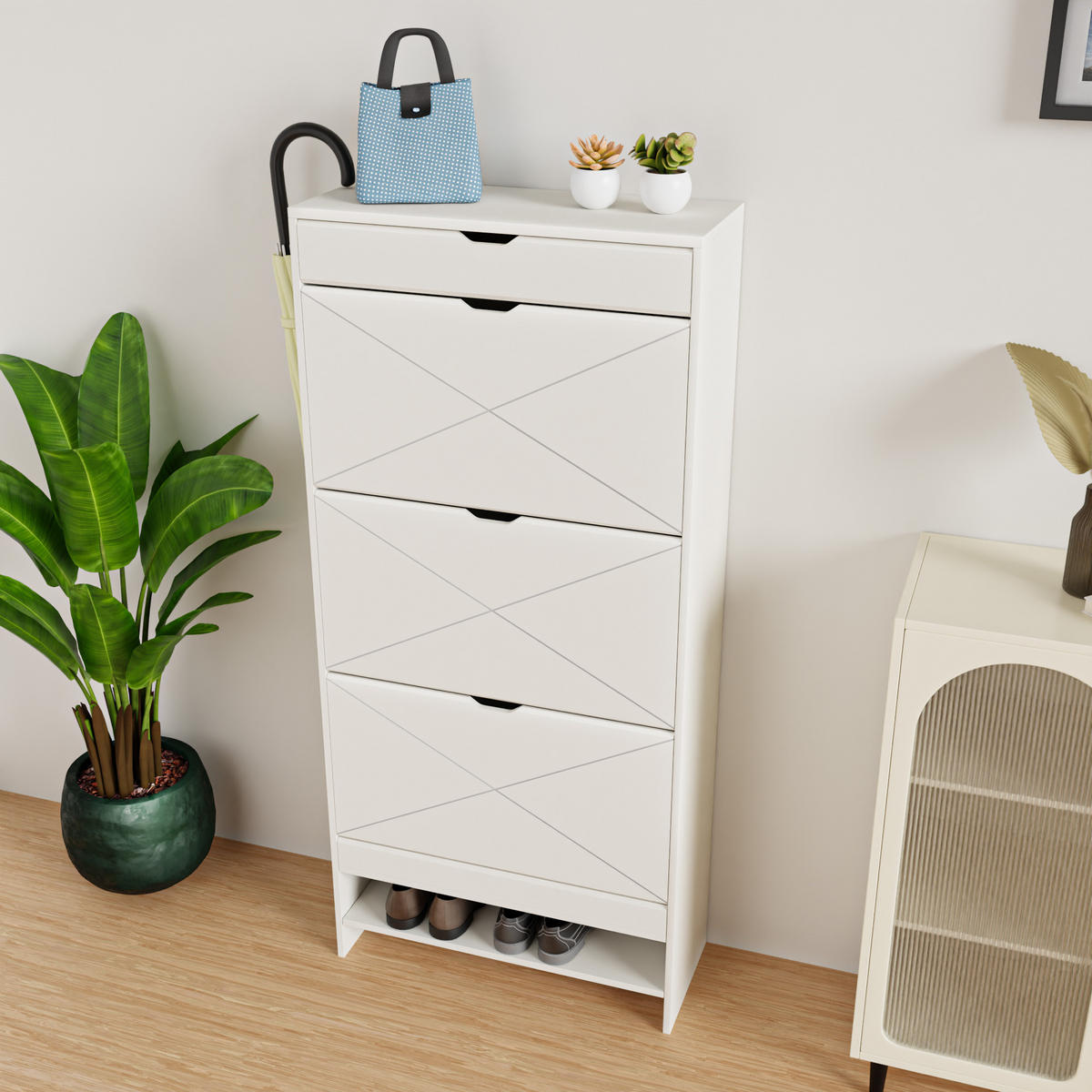 SCHUHSCHRANK aus MDF 3 Schubladen in Weiß mit Auszug & 2 Ebenen - Weiß, Holzwerkstoff (63/136.5/26cm) - Modfu