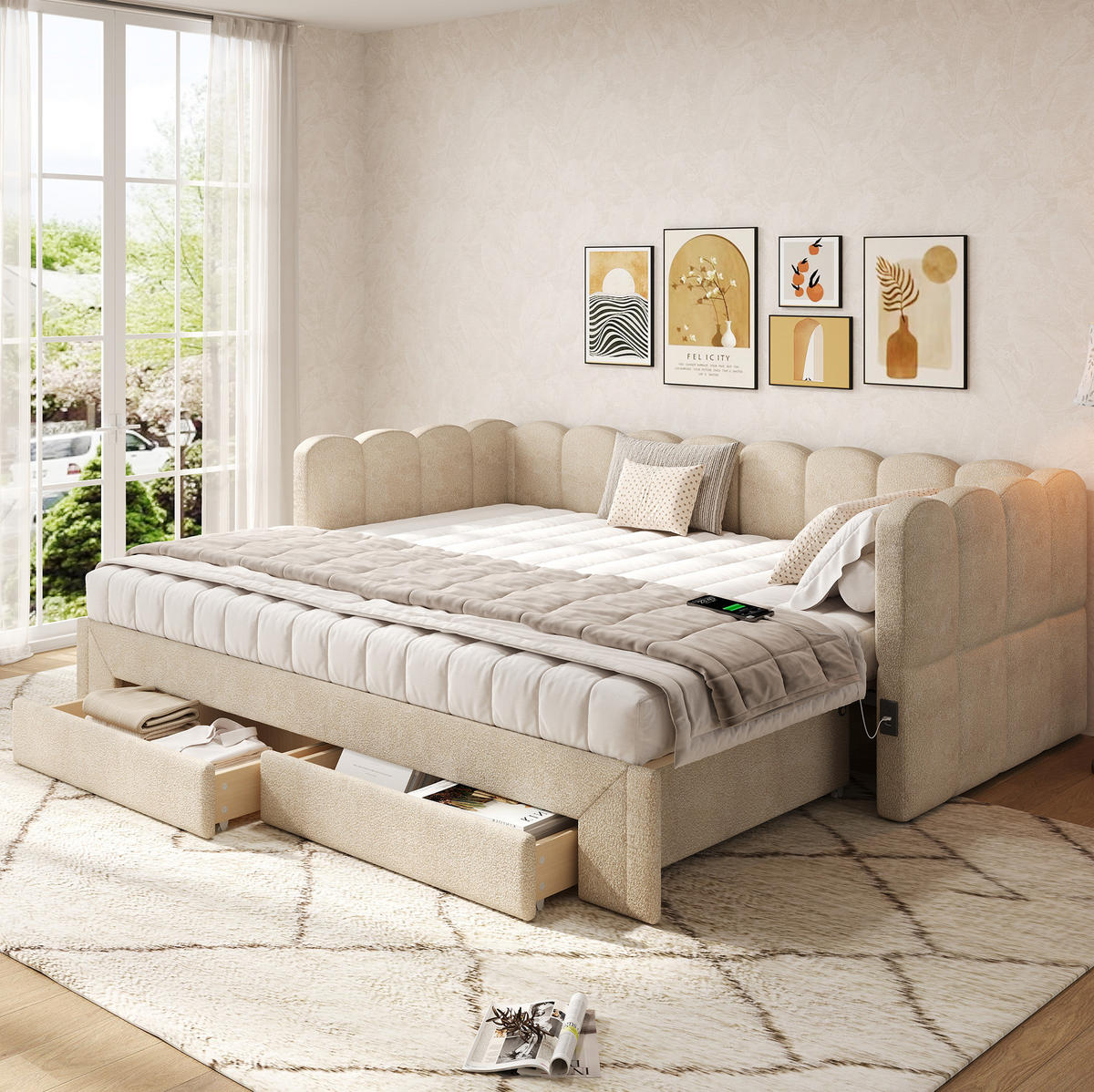 POLSTERBETT 90/180x200 cm Beige aus Chenille mit 2 Schubladen und USB - Beige, Textil (90/200cm) - Flora Grace