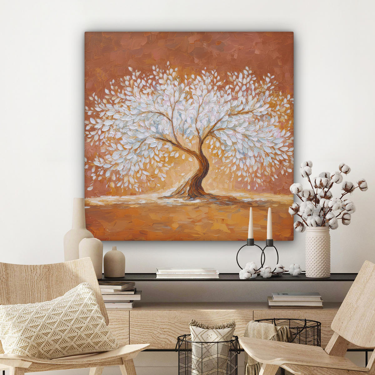 LEINWANDBILD Abstrakt - Baum - Weiß - Blätter Deko Groß 90x90 cm - Braun, Textil (90/90cm) - MuchoWow