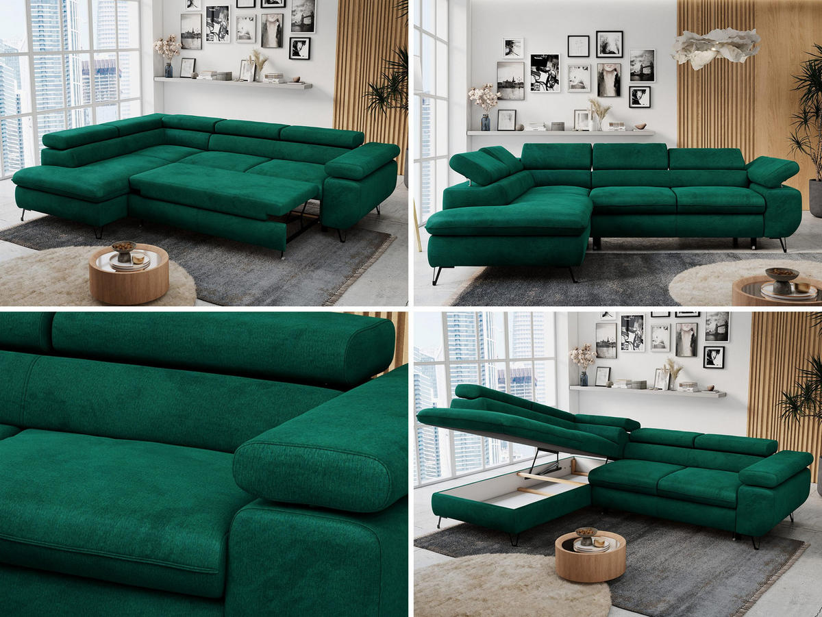 ECKSOFA PETER L Dunkelgrün Velvet - Links Seite - Dunkelgrün/Schwarz, Textil/Metall (208/273cm) - MKS