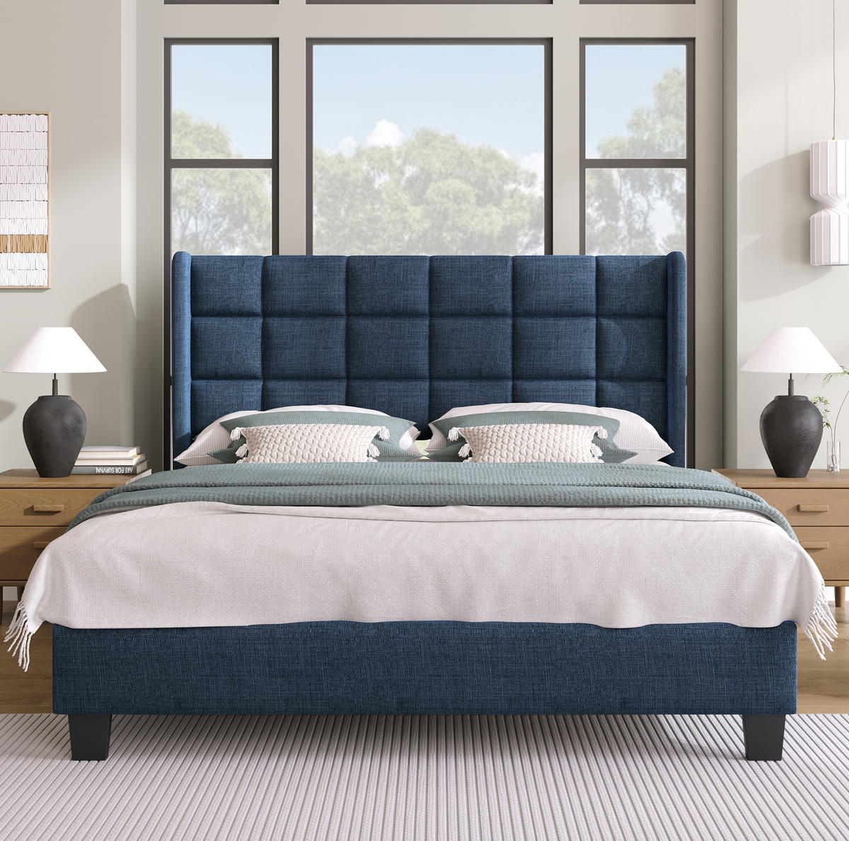 POLSTERBETT 140/200 cm Blau aus Leinen mit Lattenrost - Blau, Textil (140/200cm) - OKMYHOME