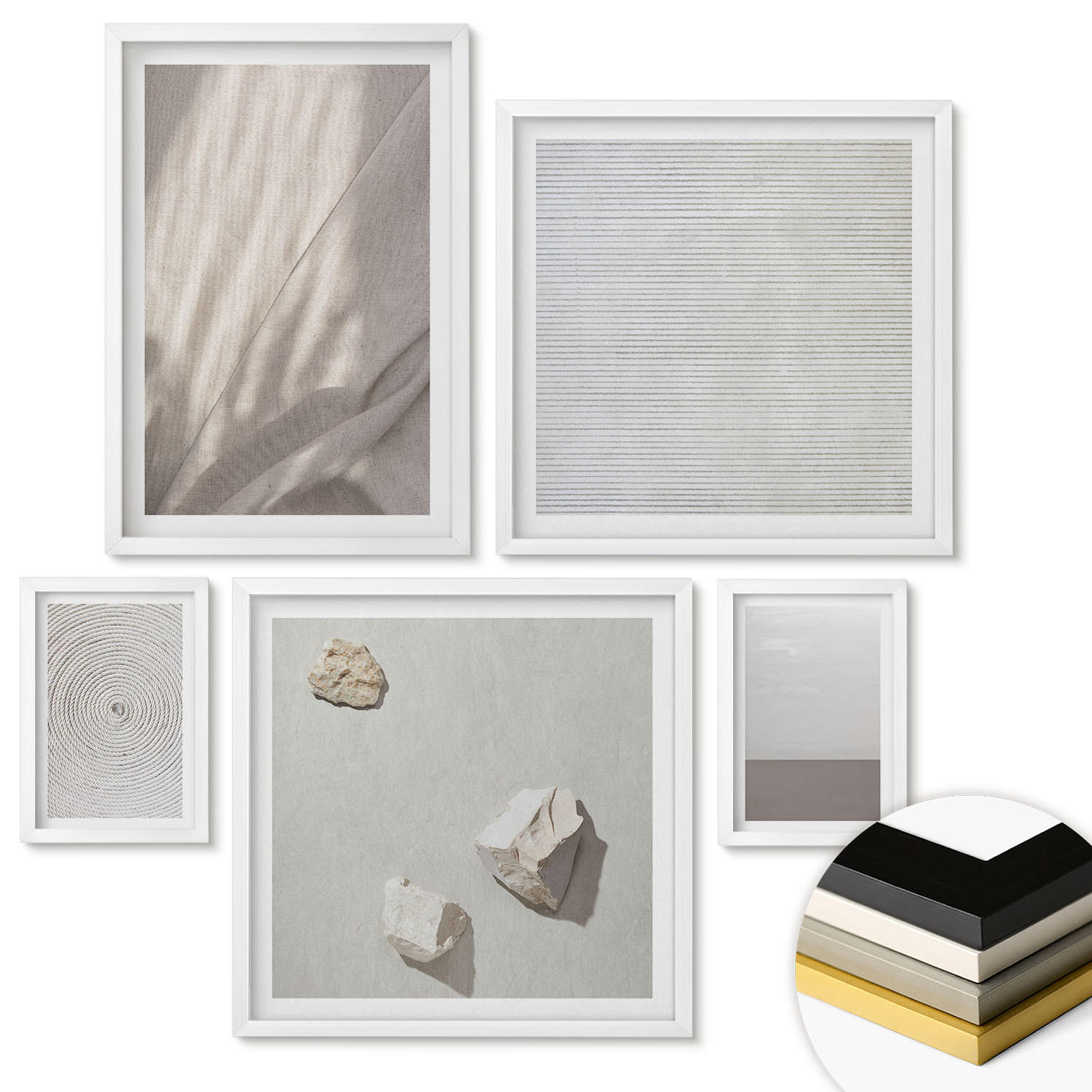 WANDBILDER 5er-Set - 50x50 cm & 20x30 cm & 40x60 cm Weißer Rahmen - Zarte Boho-Texturen der Natur - Weiß, Kunststoff (40/60cm) - ArtPrintCave