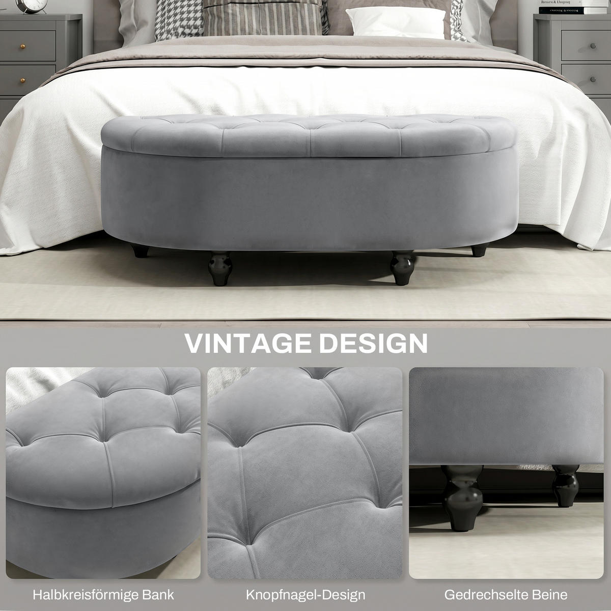 TRUHENBANK DE-07117 Samtoptik, Soft-Close Deckel Dunkelgrau - Dunkelgrau, Holz/Textil (46/42/120cm) - ComfortXL
