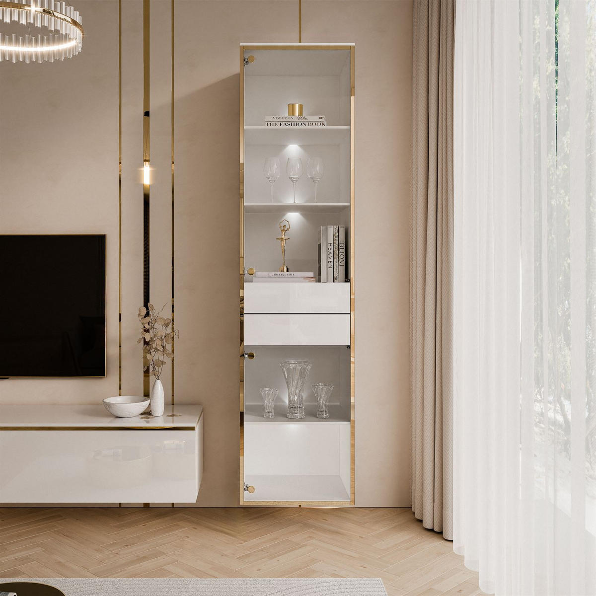 VITRINE HÄNGENDE AURORA in Weiß hochglanz mit LED-Beleuchtung - Weiß Hochglanz, Holzwerkstoff (45/181/40cm) - Lookway