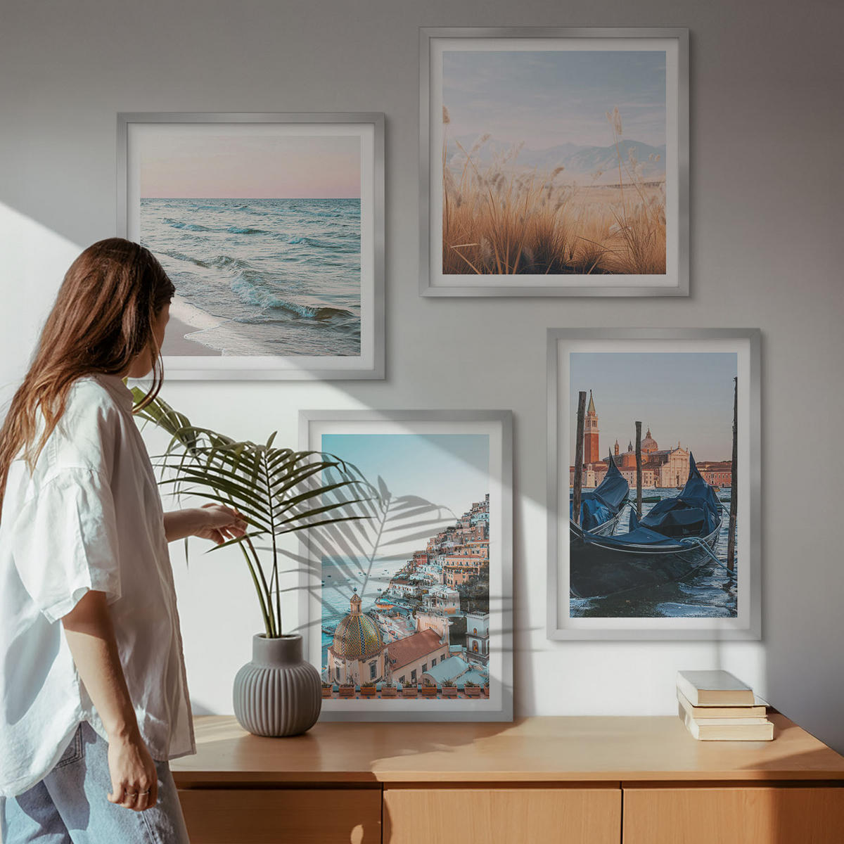 BILDER SET 4er Set - 50x50 cm & 40x60 cm Silberner Rahmen - Meerblick von Venedig - Silberfarben, Kunststoff (50/50cm) - TULUP
