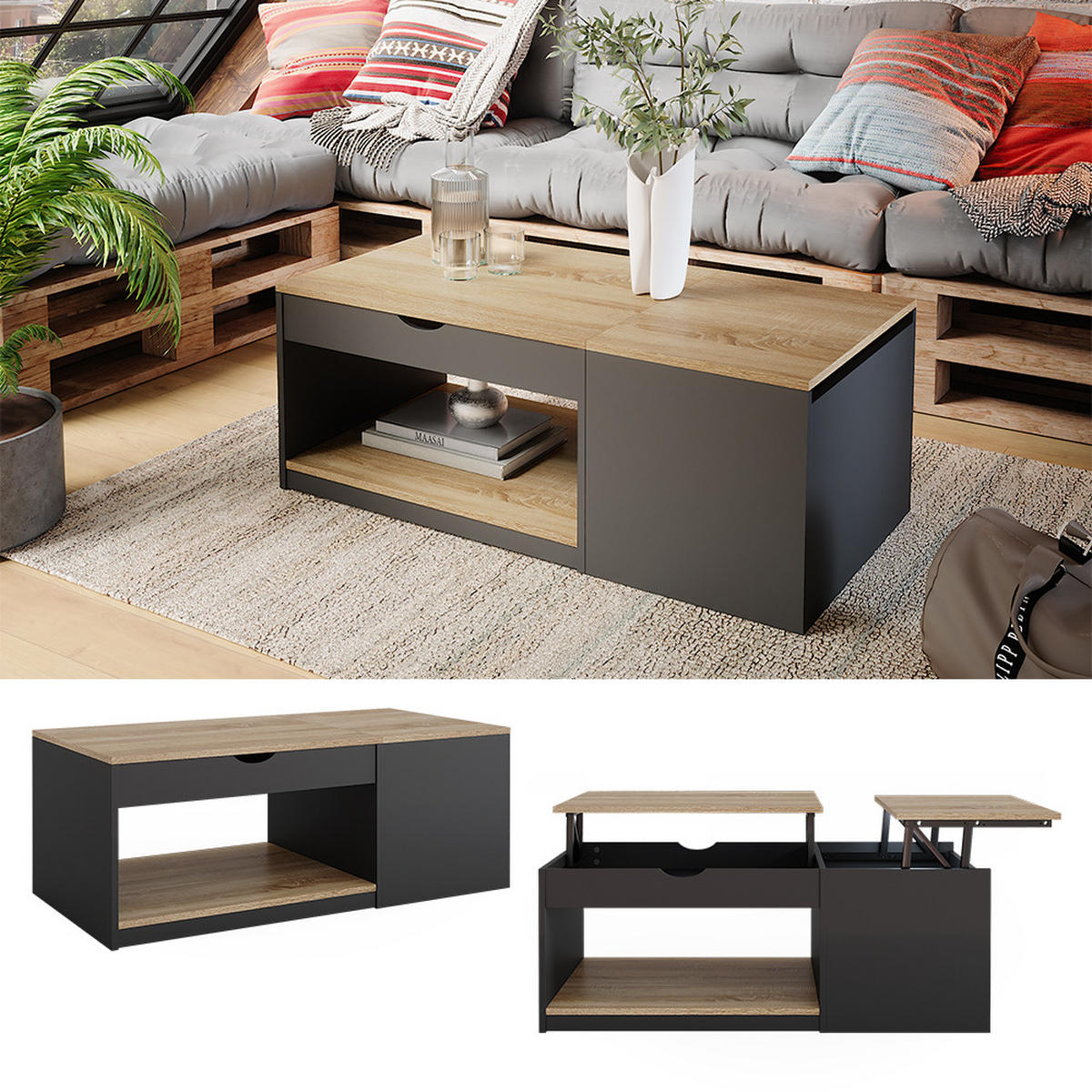 COUCHTISCH Avela Schwarz 110 x 110 cm - Schwarz/Sonoma Eiche, Holzwerkstoff (110/55/54cm) - Vicco