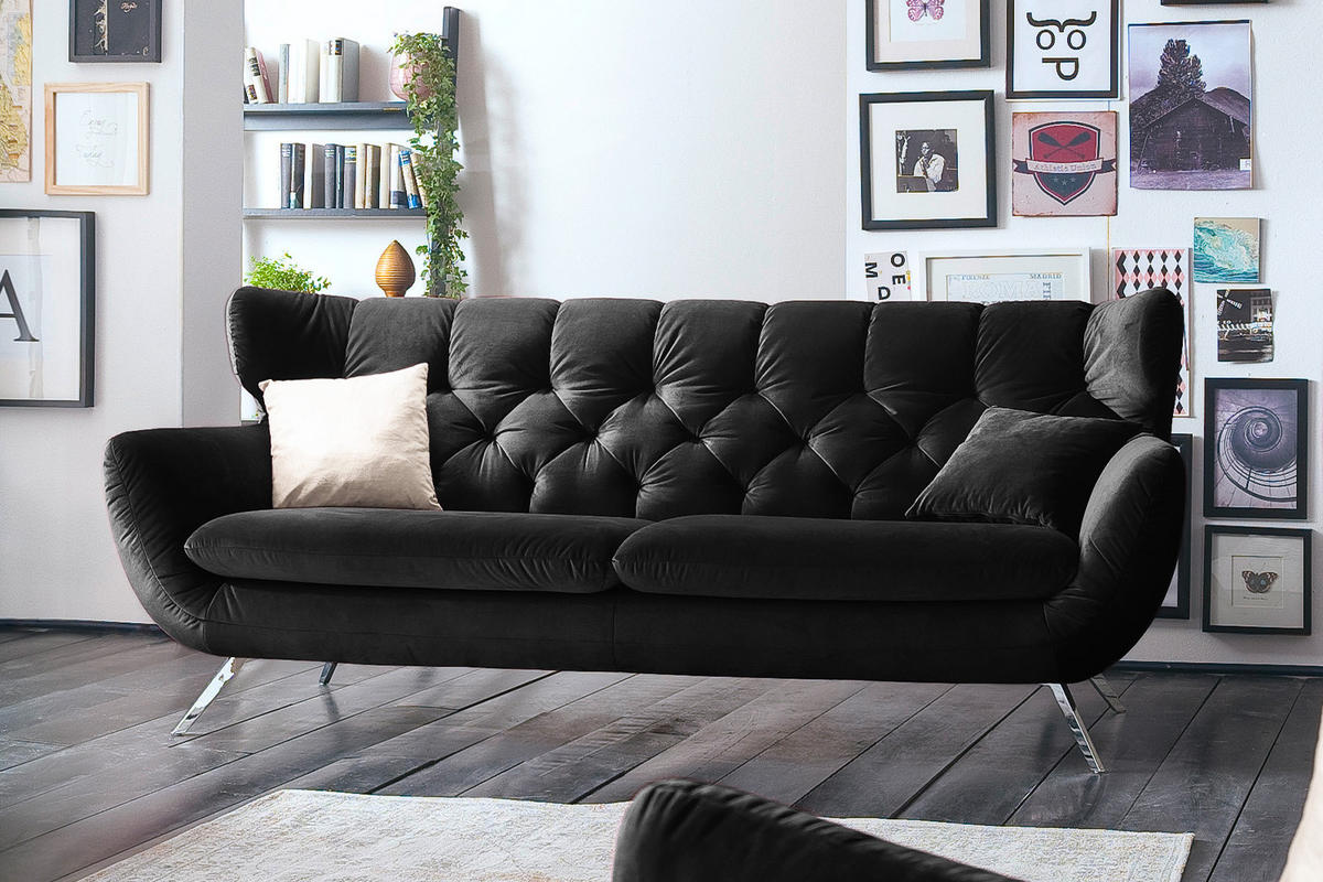 SOFA CHARME Schwarz Velvet - Silberfarben/Schwarz, Textil/Metall (200/94/95cm) - KAWOLA