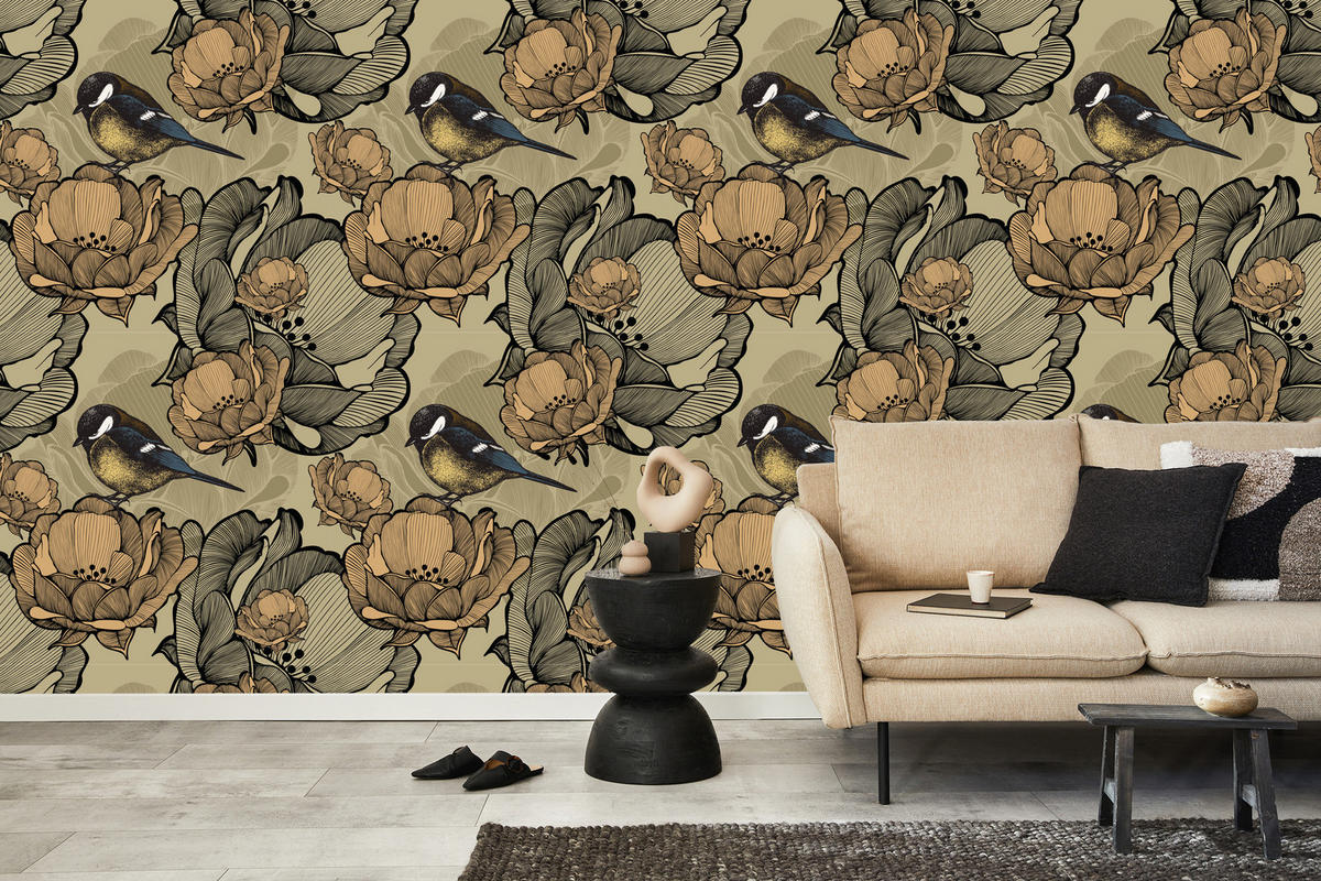 VLIESTAPETE Vögel und Vintage-Blüten – Beige, Braun, Schwarz – 50x1000 cm - Beige/Schwarz, Papier (50/1000cm) - Muralo
