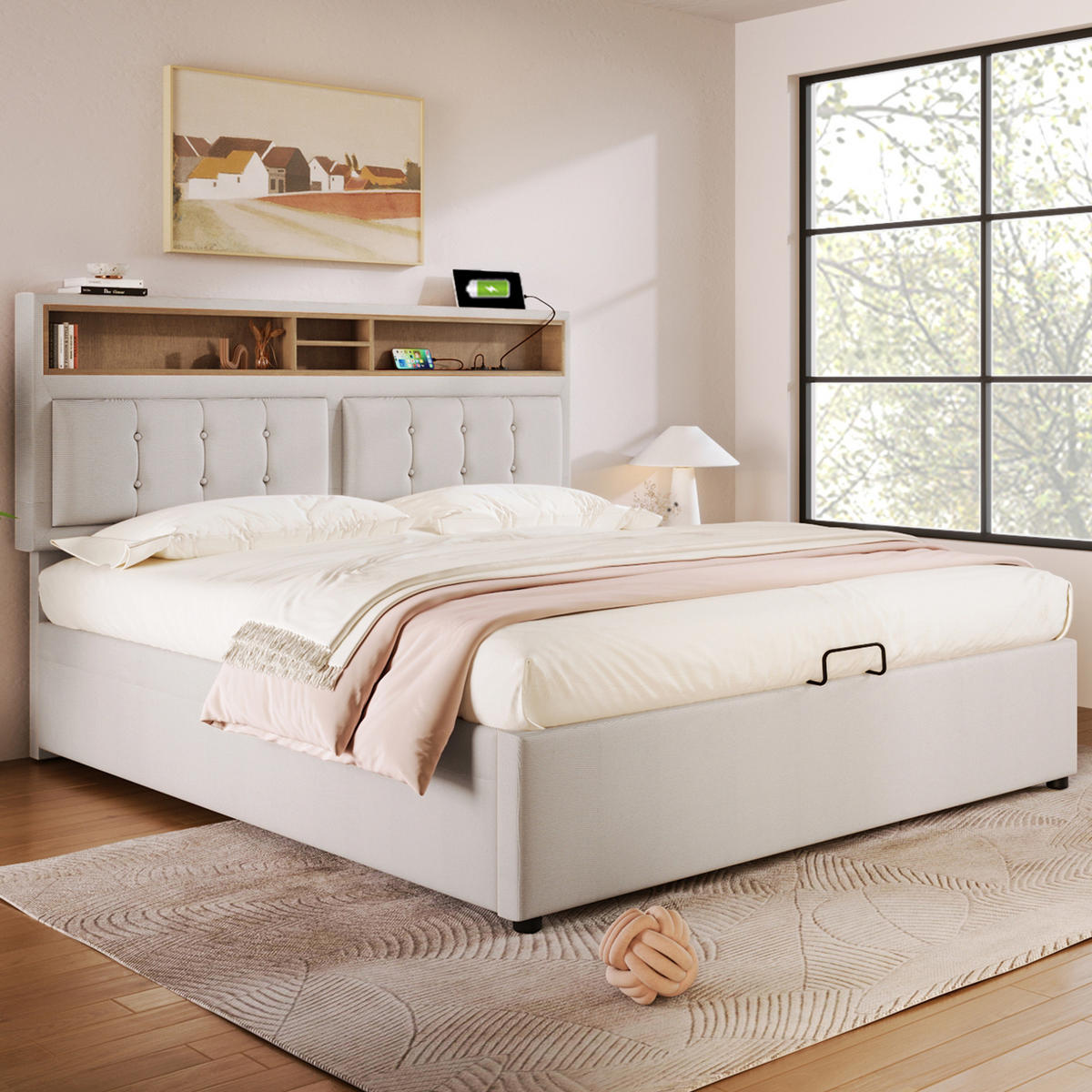 ČALOUNĚNÁ postel 140/200 cm z lnu béžová, s USB-C a úložným prostorem - béžová, textil (140/200cm) - BEAOK