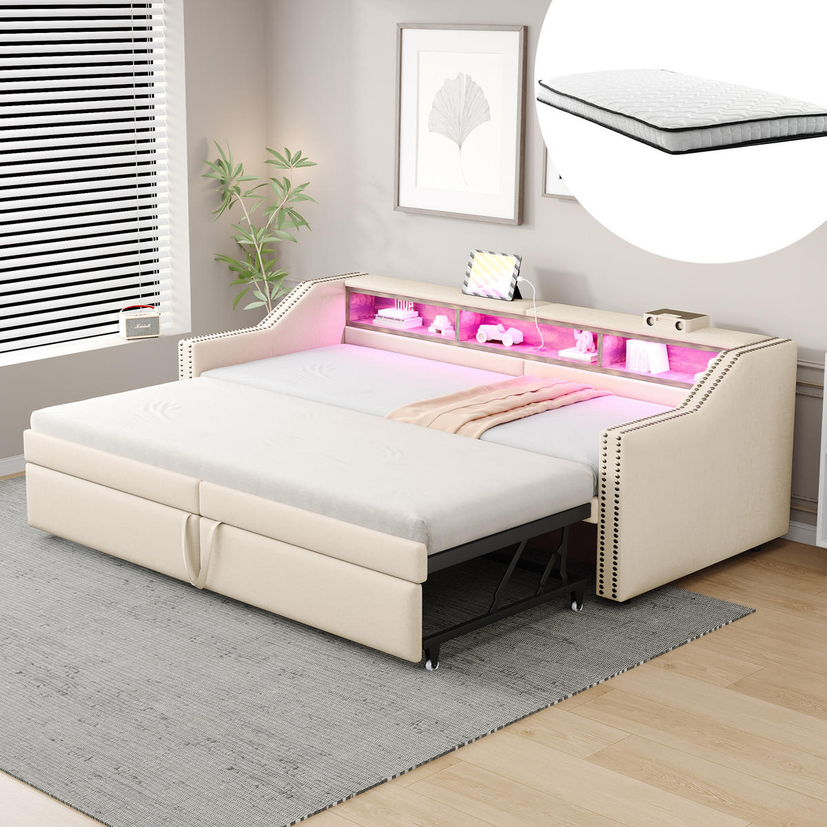 POLSTERBETT 90/180/200 cm Beige aus Leinen mit Ausziehbett - Beige, Textil (90/200cm) - OKMYHOME