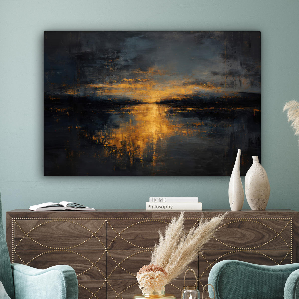 LEINWANDBILD Goldene Reflexion auf dem Wasser Groß 140x90 cm - Anthrazit, Textil (140/90cm) - MuchoWow