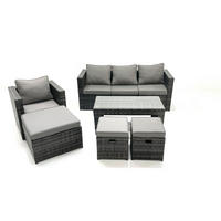 GARTENMÖBEL-SET COUCHTISCH SESSEL SOFA mit HOCKER Polyrattan Dunkelgrau Gemischt 7-Sitzer - Dunkelgrau/Grau, Glas/Kunststoff - Fimous