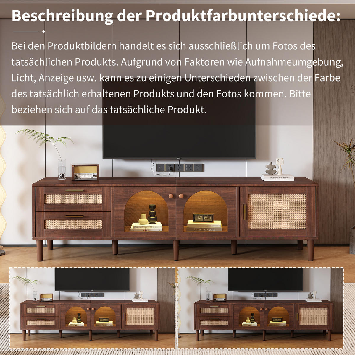 TV-SCHRANK aus Spanplatte 180x40x50 cm Braun mit LED-Beleuchtung, Rattanfronten und Glastüren - Braun, Holzwerkstoff (180/50/40cm) - Modfu