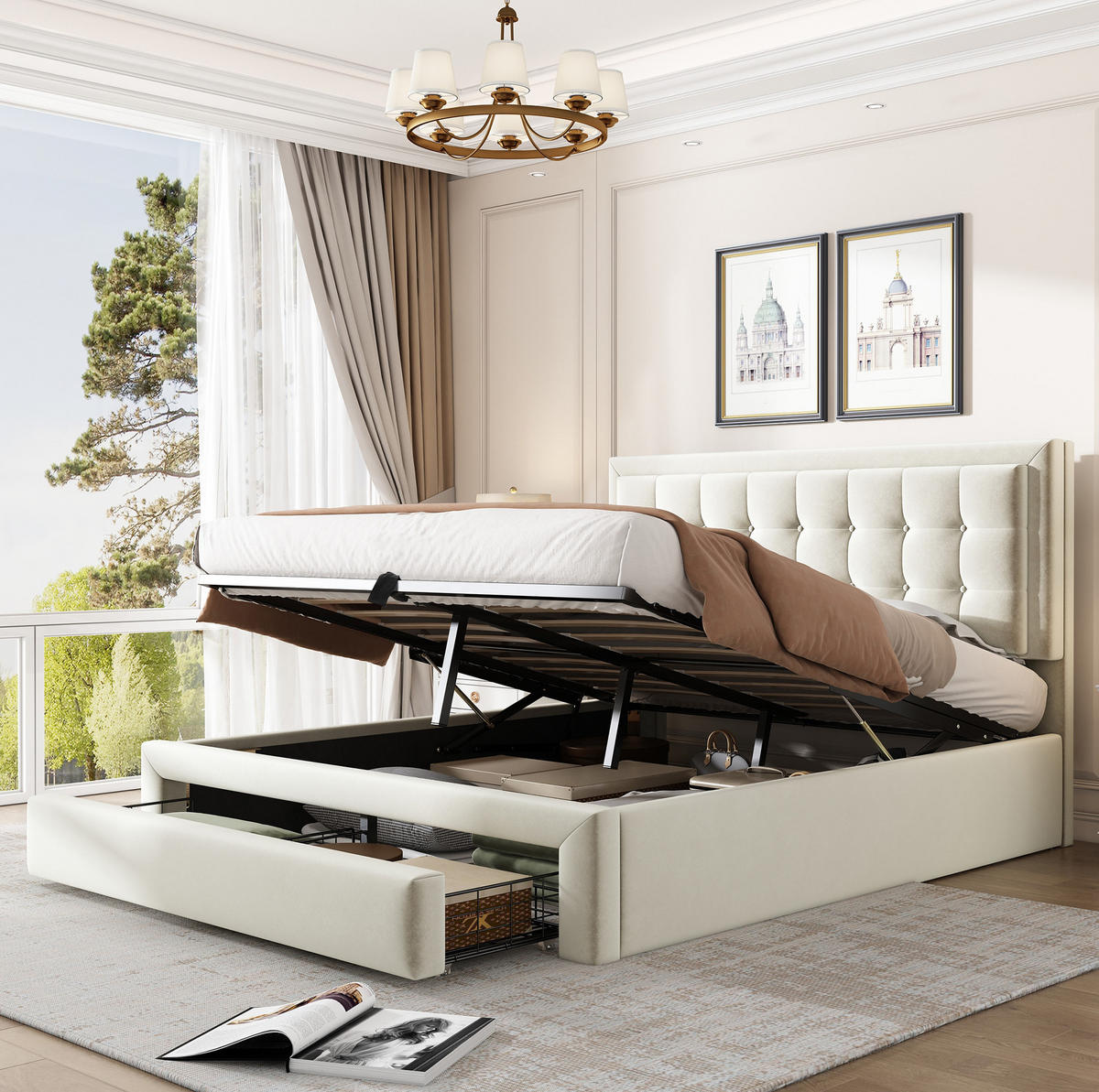 POLSTERBETT 140/190 cm mit hydraulischem Stauraum, 2 Schubladen, höhenverstellbarem Kopfteil und Lattenrost aus Samt, Beige - Beige, Textil (140/190cm) - Redom