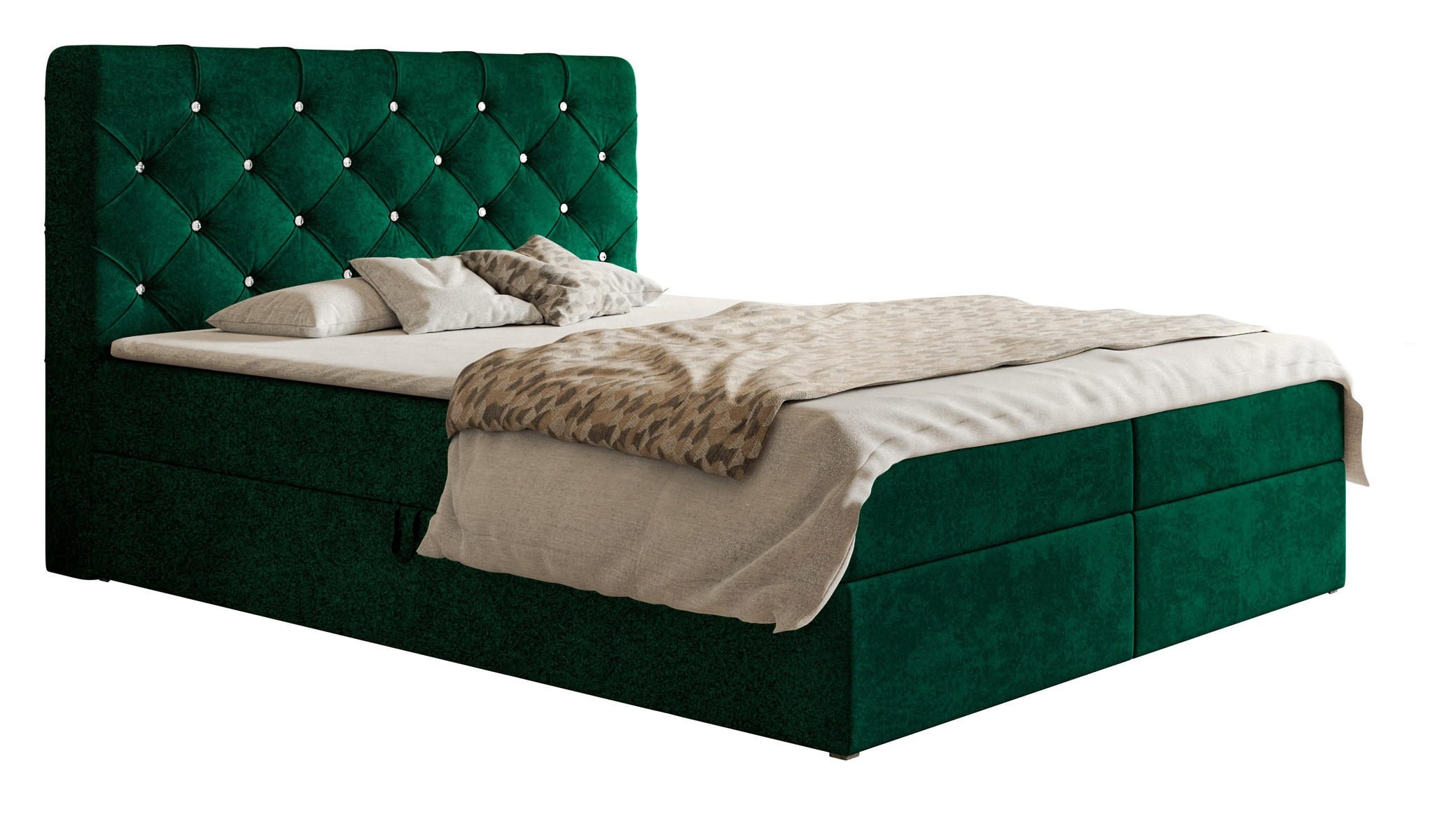 DOPPELBETT mit Matratze 140x200 Polo, Kristallknöpfen, Bettkasten, Grün - Grün, Holz/Textil (140/200cm) - Emporius