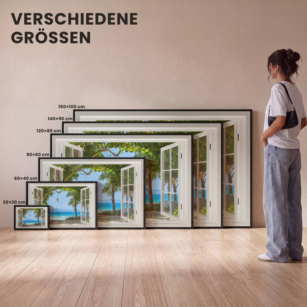 LEINWAND Bilder mit Rahmen - Aussicht - Baum - Meer - Palme - Hügel - Strand - Blau - 120x80 - Blau, Textil (120/80cm) - MuchoWow