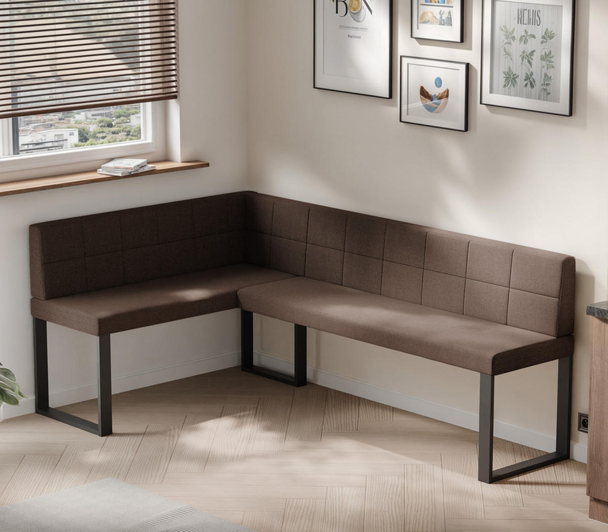 ECKBANK links SANA U Webstoff gesteppt, 128/168 cm Braun - Braun, Textil/Metall (128/168cm) - Idohome