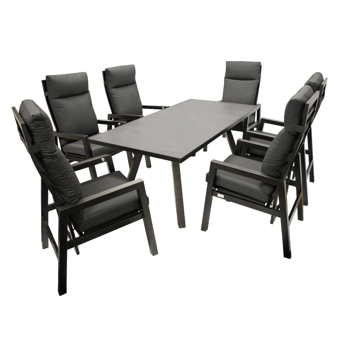GARTENGARNITUR Luton - 7-teilig (6x Hochlehner Sessel mit Armlehnen, 1x Tisch 180x90cm), Gestell Aluminium dunkelgrau - Grau, Metall - TPFGarden