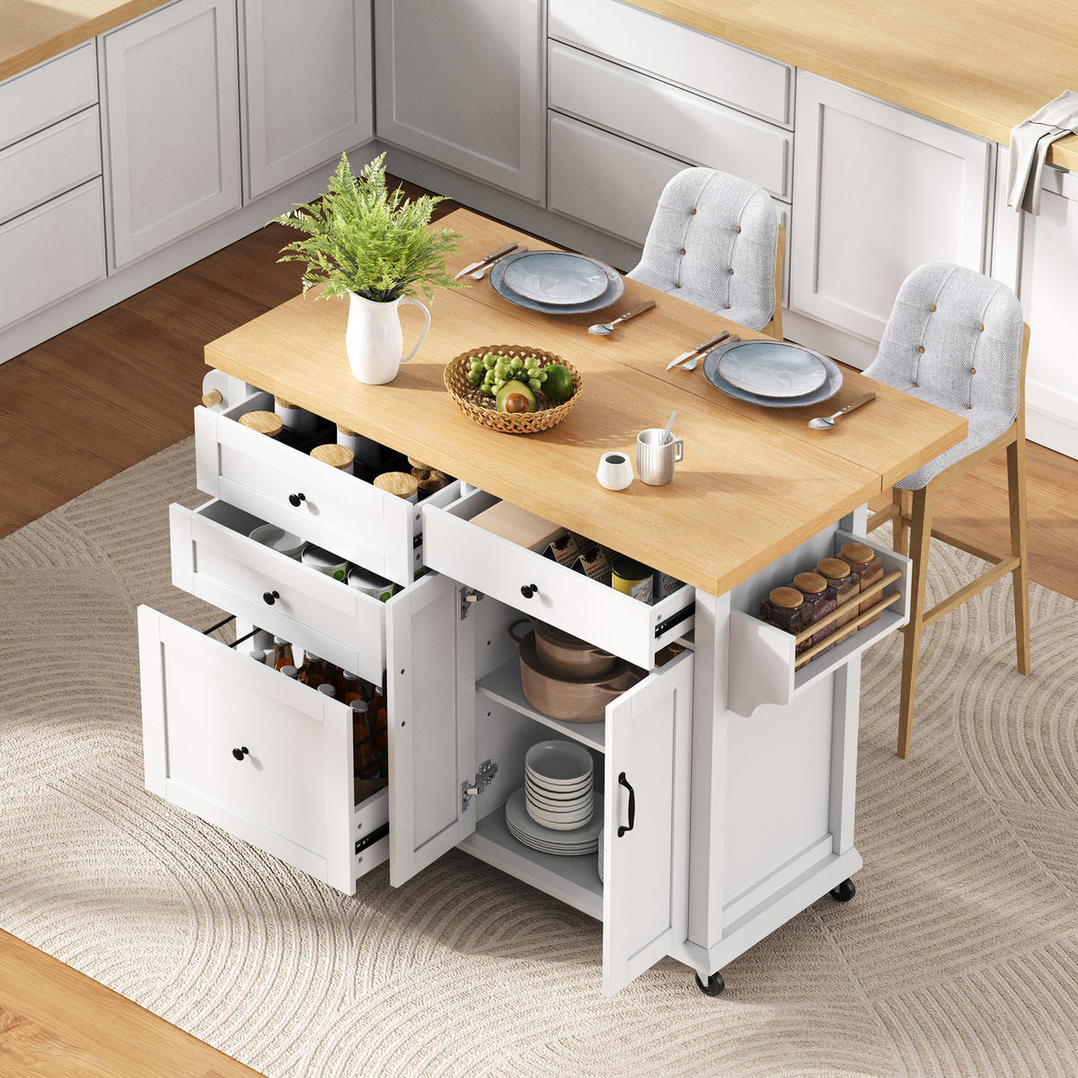 KÜCHENINSEL Servierwagen 107×45–70×90,5 cm aus MDF mit ausklappbarer Arbeitsplatte & 9-Fach-Schublade, weiß-natur - Weiß, Holzwerkstoff (70/90.5/107cm) - Luhomfu